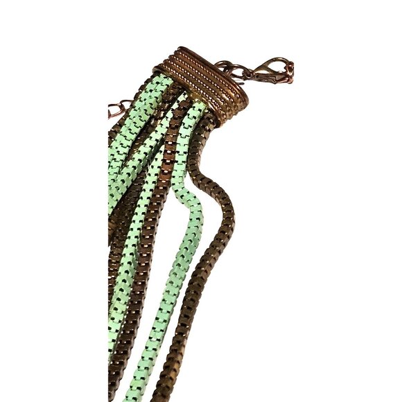 Vintage Necklace Multi-Strand Mint Green & Bronze Metal 3D Rectangular Links - Picture 3 of 11